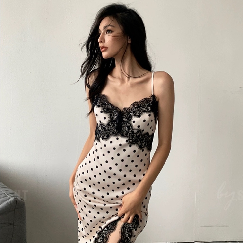SNT by Sienna and Thomas Cream & Black Polka Dot Maxi Slip Dress w/ Lace Detail